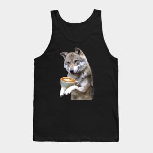 Brown Wolf Wolves Drinking Coffee Smiling, Funny Cute Tank Top